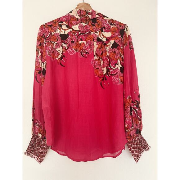Chico's Pink Floral Blouse Sz M Long Sleeve Button Down Ruche Wrist Boho - Picture 12 of 13